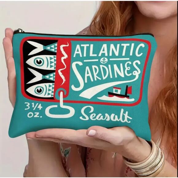 Sardines Tin Can Print Makeup Storage Bag Teal Blue Beach Nautical Fishermancore - Picture 4 of 8